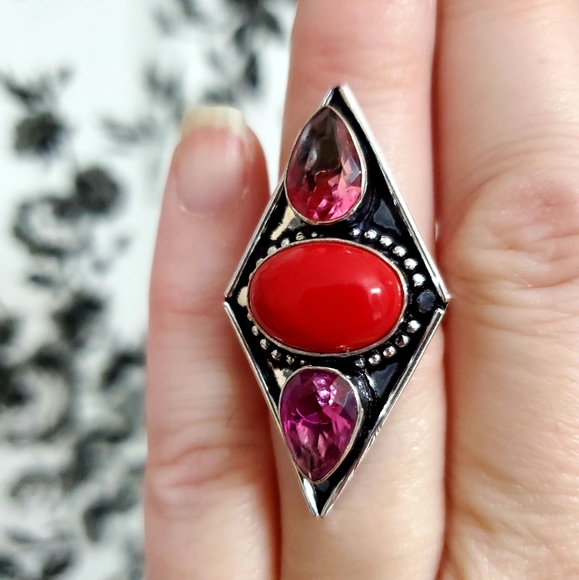 New Coral and Bi-Color Tourmaline 925 Silver Ring. - Picture 7 of 8
